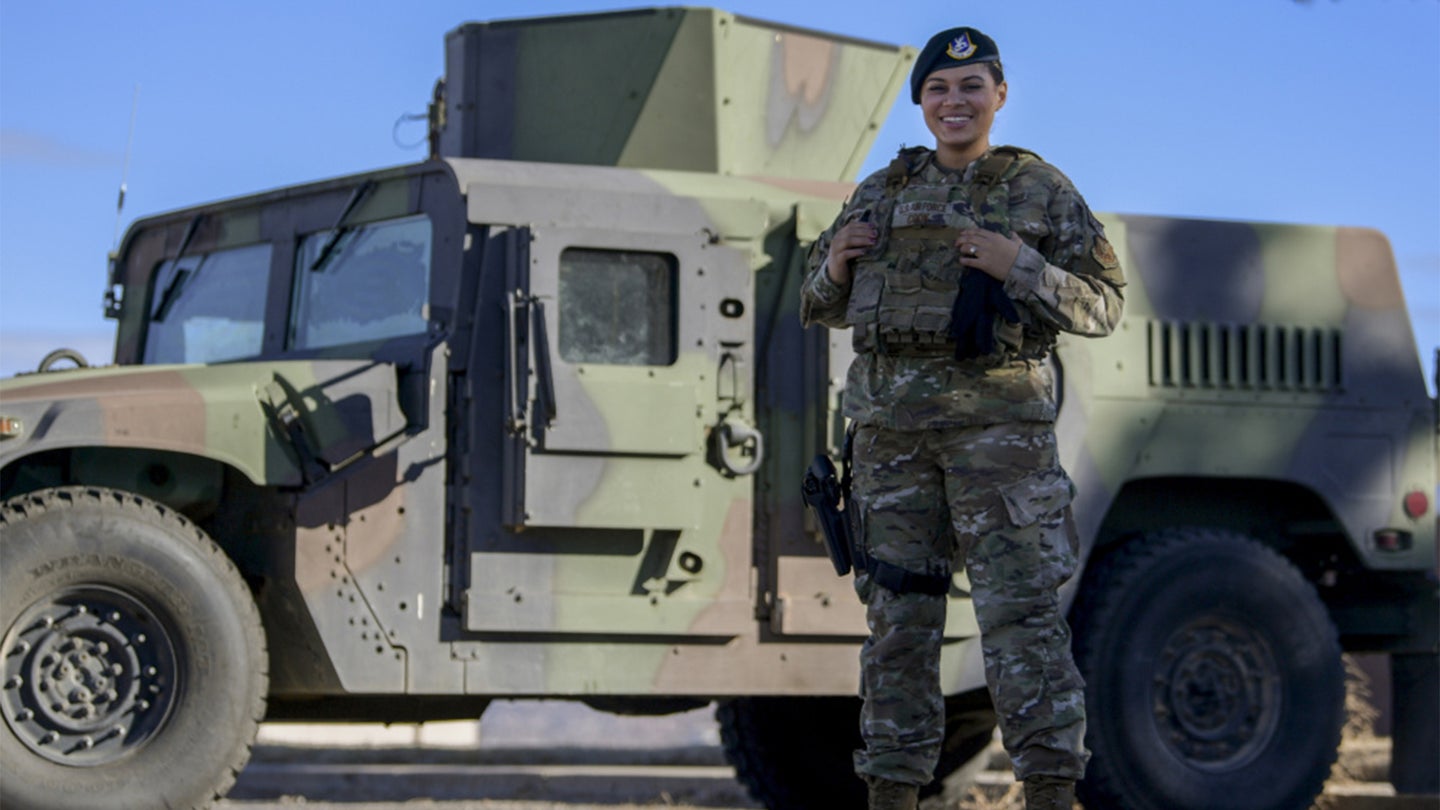 Air Force Senior Airman Kiah C. Cook, 377th Security Forces Group defender, poses in the new female body armor on Kirtland Air Force Base, New Mexico, Feb. 4, 2021 (Air Force photo / Airman 1st Class Ireland Summers)