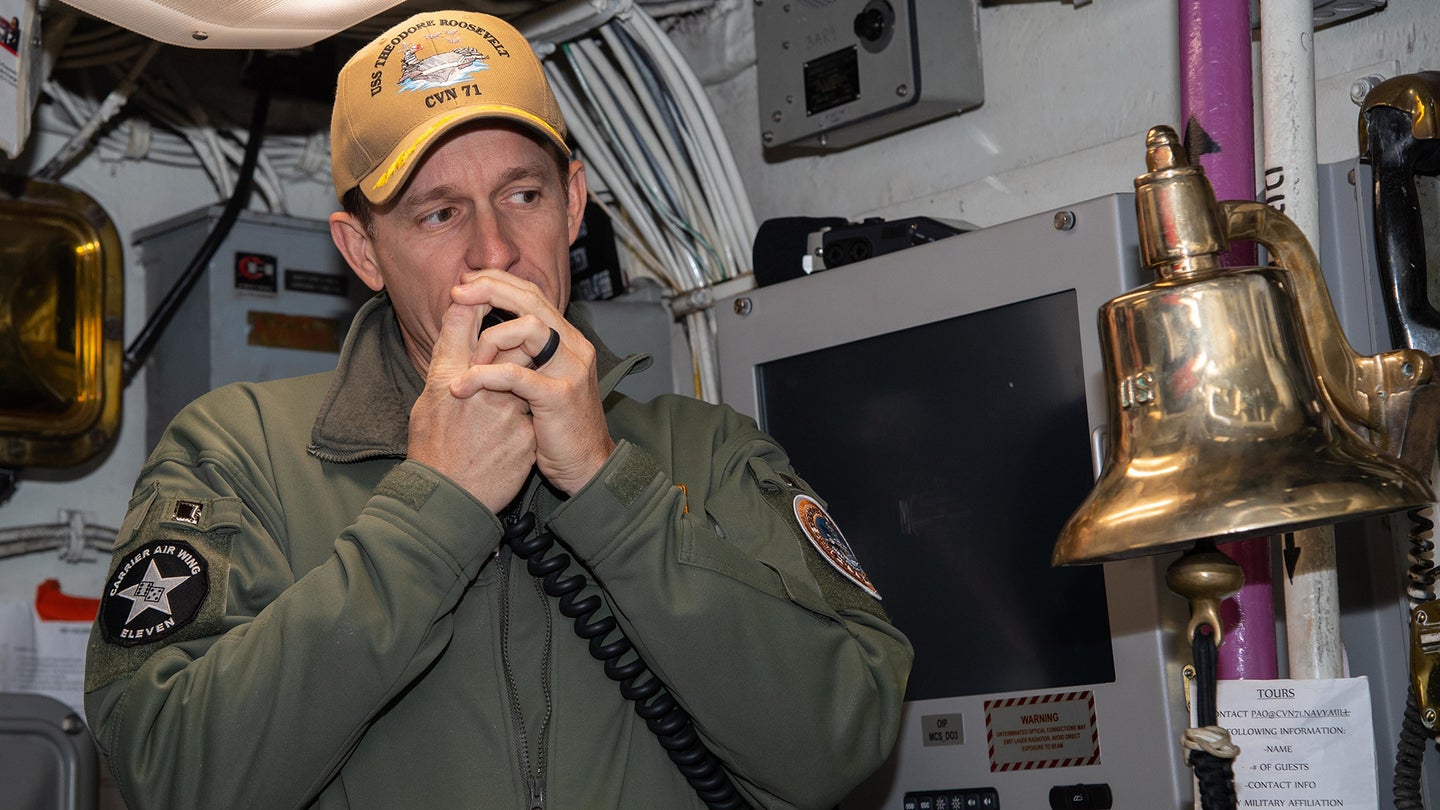 200117-N-KB450-1010 San Diego (Jan. 17, 2020) Capt. Brett Crozier, commanding officer of the aircraft carrier USS Theodore Roosevelt (CVN 71), addresses the crew  Jan. 17, 2020. The Theodore Roosevelt Carrier Strike Group is on a scheduled deployment to the Indo-Pacific. (U.S. Navy photo by Mass Communication Specialist Seaman Alexander Williams)