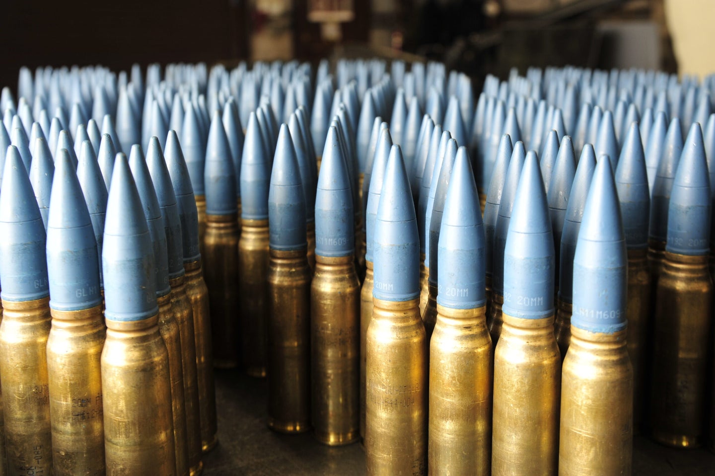An up-close view of organized, 20 millimeter target practice rounds June 25, 2014, in Building 1236 bay 3 at Luke Air Force Base, Ariz. The Airmen in the 56th Equipment Maintenance Squadron separate the rounds into groups of 10 to make counting easier. (U.S. Air Force photo by Senior Airman Grace Lee/Released)