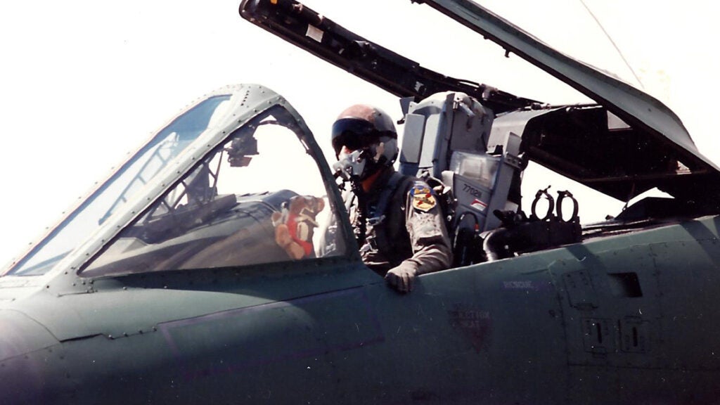 Retired Air Force Lt. Col. Gregg Montijo described the “Red Bear-on,” seen here squished up against the cockpit glass in front of the pilot, as a great aviator. “He had very high G-tolerance, never got tired, never passed out and was always ready for another sortie,” Montijo said. (Courtesy photo / Lt. Col. Gregg Montijo)