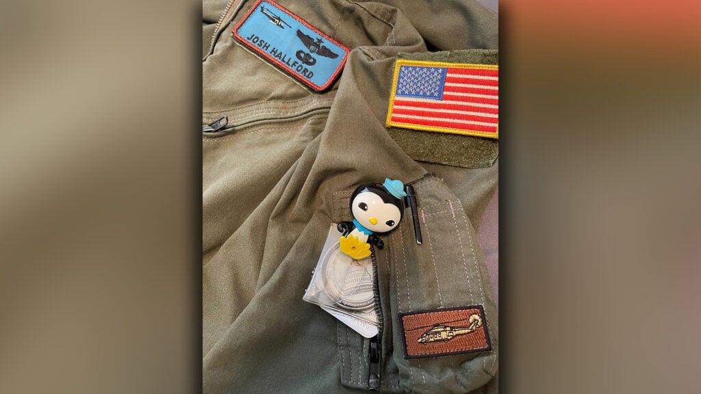 Air Force Maj. Josh “Bowser” Hallford sports a mini version of Peso, a character from the TV show Octonauts, which his son Logan gave him when he was four years old. “My son knows that Peso keeps Daddy safe while he's flying,” Hallford said. (Courtesy photo / Maj. Josh Hallford)