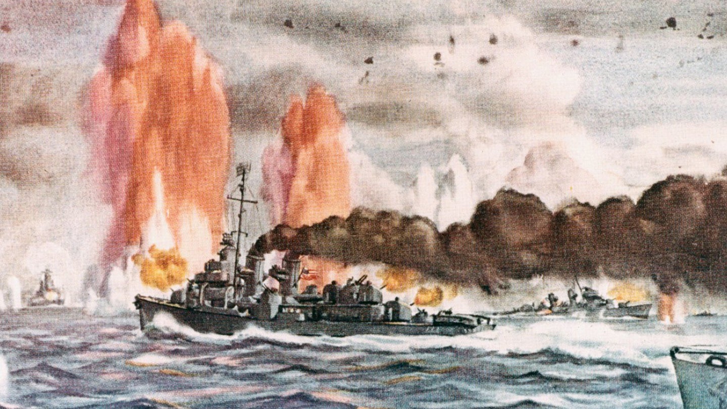 "Battle off Samar, 25 October 1944" - Watercolor by Commander Dwight C. Shepler, USNR, depicting the counterattack by the escort carrier group’s screen. Ships present are (L-R): Japanese battleships Nagato, Haruna, and Yamato, with salvo from Yamato landing in left center; USS Heerman (DD-532), USS Hoel (DD-533) sinking; Japanese cruisers Tone and Chikuma.