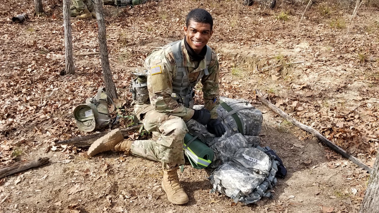 Christian Mays conducting land navigation during Officer Candidate School, January 2018.