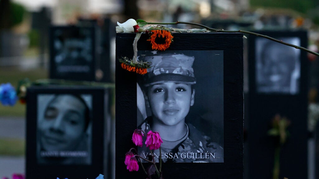 A picture of Vanessa Guillen is seen at the Say Their Names Memorial at Emancipation Park, Wednesday, Oct. 7, 2020, in Houston