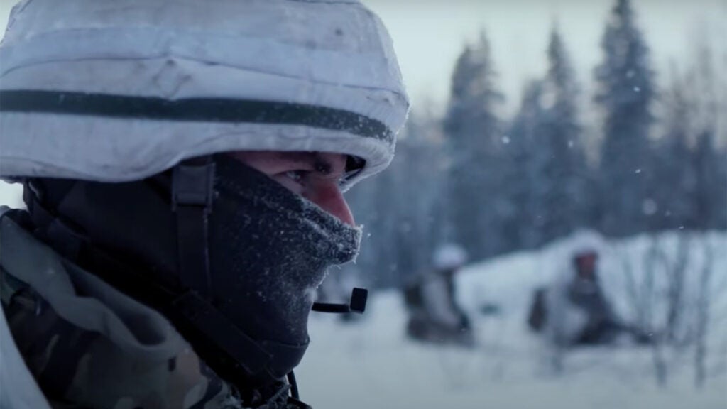 A British soldier from the 5 RIFLES infantry battalion braves the cold during Exercise Winter Camp, Estonia, February, 2021 (Screenshot via YouTube / NATO)