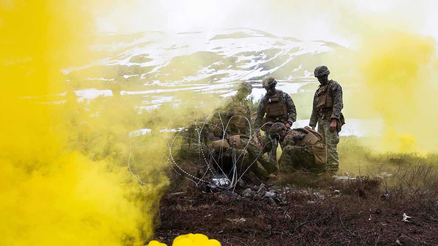 U.S. Marines with Marine Rotational Force-Europe 20.2, Marine Forces Europe and Africa, set up a Bangalore torpedo explosive to breach concertina wire while under cover from a smoke grenade during an engineer demo range in Setermoen, Norway, June 30, 2020. MRF-E conducts various exercises, including arctic cold-weather and mountain-warfare training, as well as military-to-military engagements throughout Europe that enhance cooperation among partners and allies. (U.S. Marine Corps photo by Lance Cpl. Chase W. Drayer)