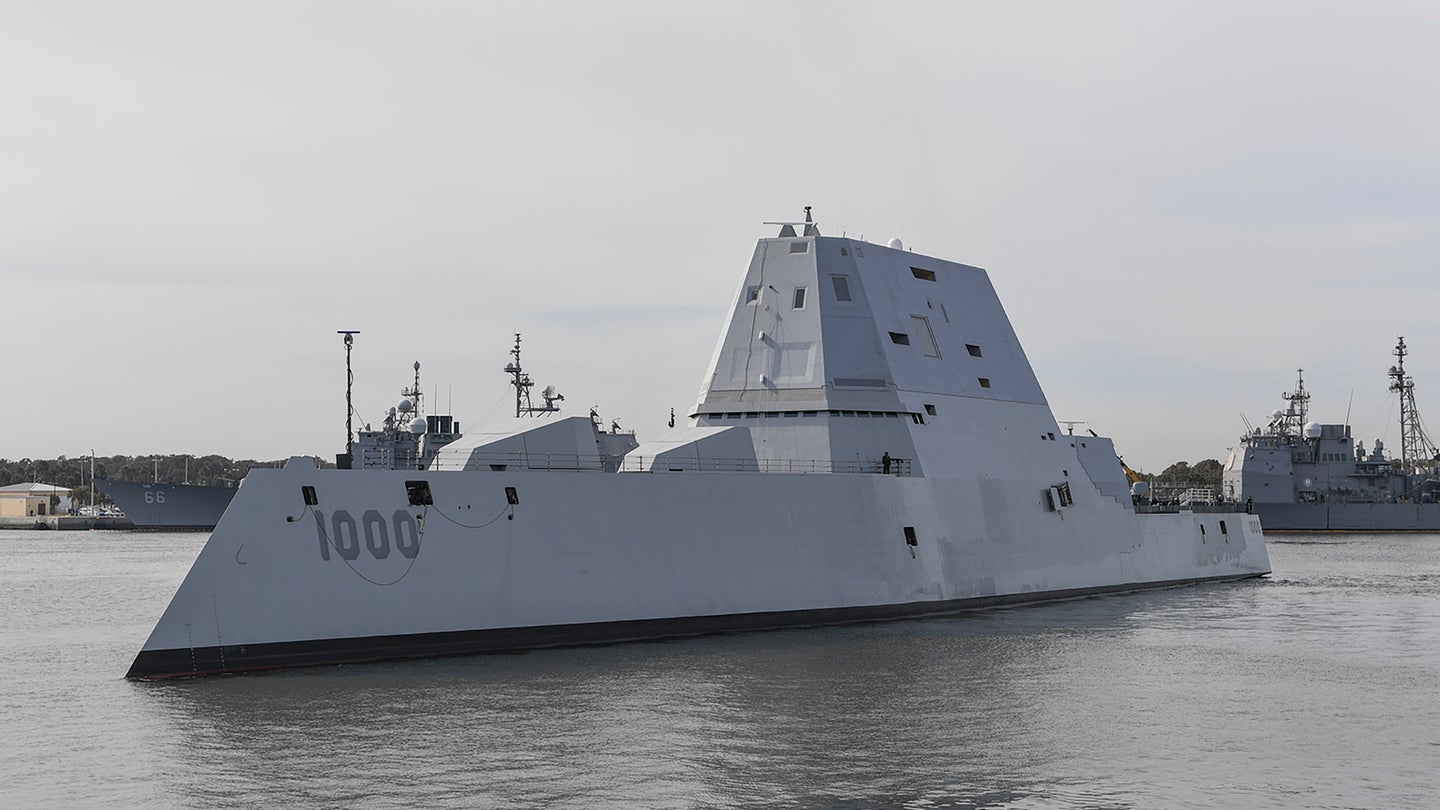 161025-N-UK306-064 JACKSONVILLE, Fla. (Oct. 25, 2016) The guided-missile destroyer USS Zumwalt (DDG 1000) transits Naval Station Mayport Harbor on its way into port.  Crewed by 147 Sailors, Zumwalt is the lead ship of a class of next-generation destroyers designed to strengthen naval power by performing critical missions and enhancing U.S. deterrence, power projection and sea control objectives. (U.S. Navy photo by Petty Officer 2nd Class Timothy Schumaker/Released)