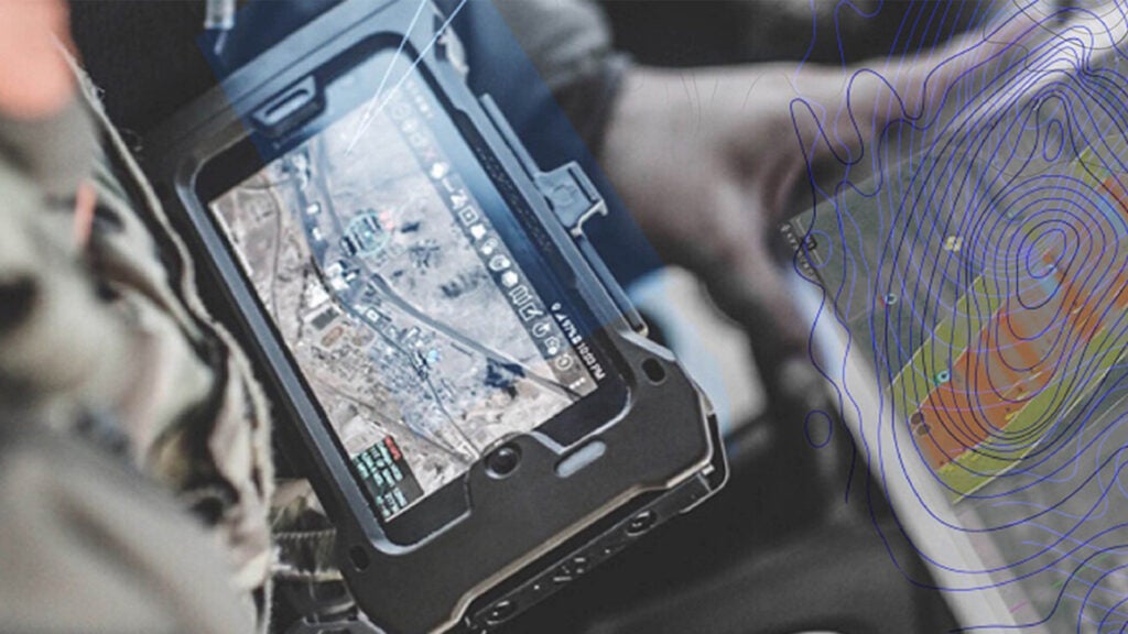 A soldier uses an Android Tactical Assault Kit (ATAK), a smartphone app used to keep track of friendly forces and enemy positions in real time. (Photo courtesy of the Defense Threat Reduction Agency's Chemical and Biological Technologies Department)