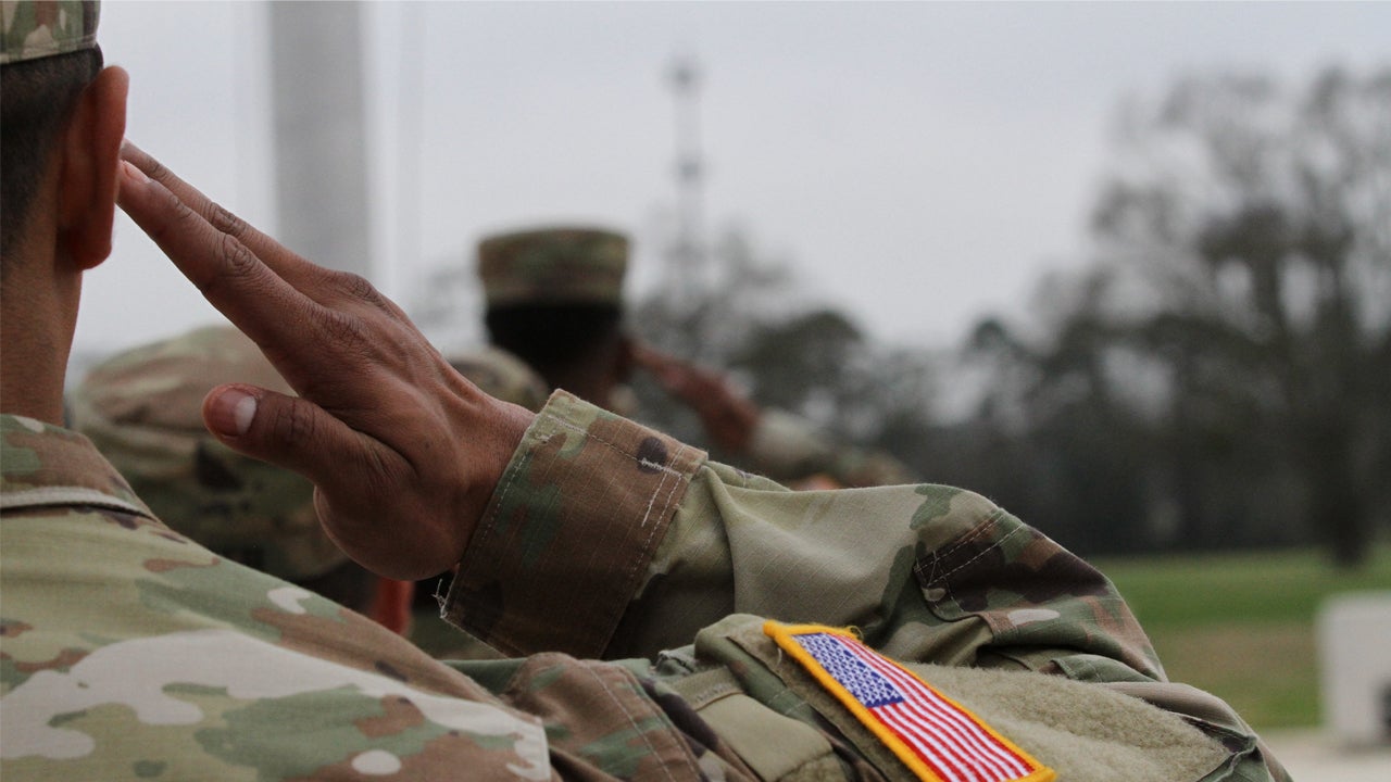 U.S. Soldiers attending Basic Leaders Course 004-20 render a salute while conducting the retreat flag ceremony at Fort Benning, Georgia, February 17, 2020. Spc. Khylee Woodford/U.S. Army)