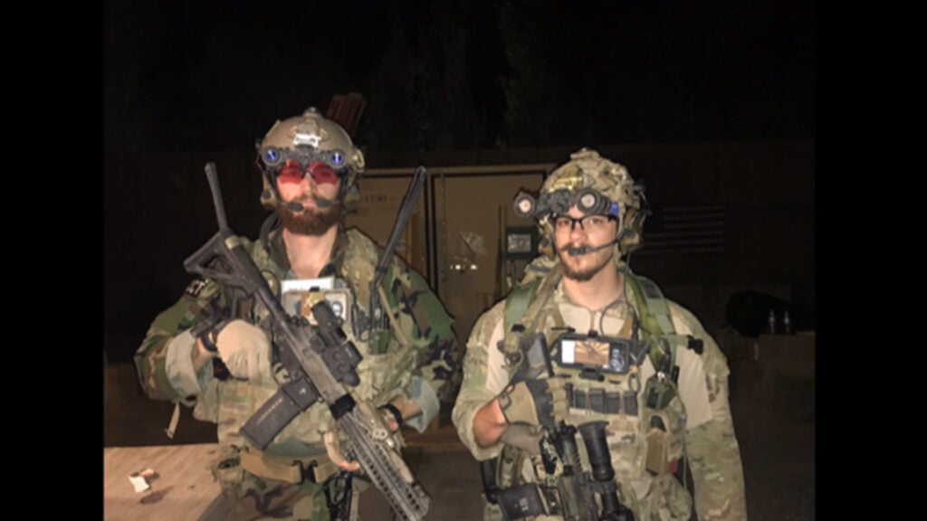 An Air Force Special Tactics combat controller and pararescueman before a direct action mission against enemy militants in Helmand Province, Afghanistan in May 2019. (Air Force courtesy photo)