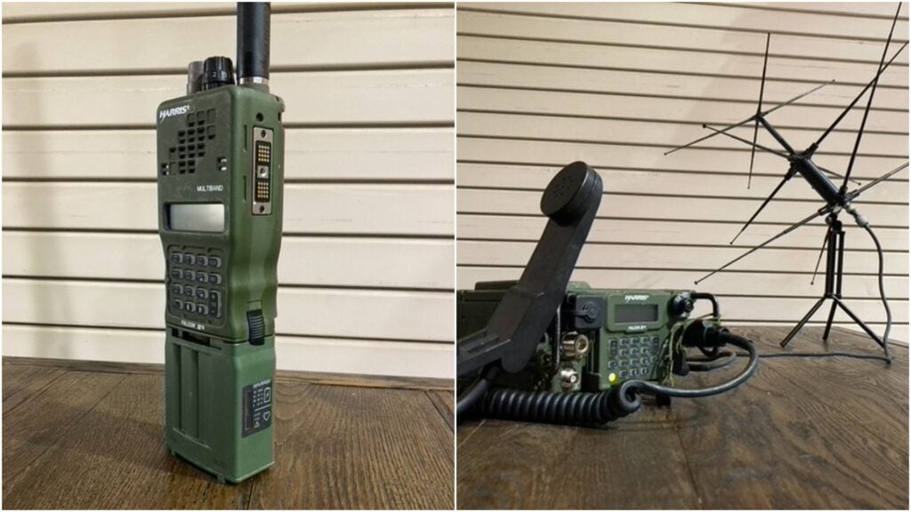 Left to right, a PRC-152 handheld radio and a PRC-117G radio, which is heavier but produces a more powerful signal. CCTs often use two PRC-152s, one for air support and one for their teammates. They have to learn how to listen to a conversation in each ear.  (Courtesy photo Tech Sgt. John Neidrick)