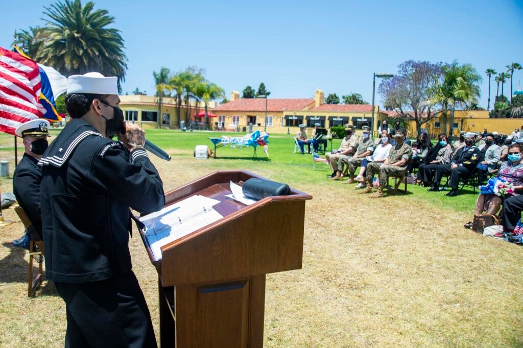 210514-N-LW757-1172SAN DIEGO (May 14, 2021) Hospital Corpsman 1st Class Luis Fonseca, a Sailor assigned to Naval Medicine Readiness and Training Unit Marine Corps Recruit Depot (MCRD) San Diego, gives remarks during a retirement ceremony held at MCRD San Diego May 14. Hospital Corpsman 1st Class Luis Fonseca was the Navy’s most decorated active duty hospital corpsman, and received the Navy Cross as a hospitalman apprentice for extraordinary heroism while serving with the First Marine Expeditionary Force in support of Operation Iraqi Freedom Mar. 23, 2003. Fonseca and his wife, Hospital Corpsman 1st Class Christina Fonseca (ret.), who officially retired in Feb. 2021, retired together in a joint ceremony, and have a combined 46 years of Naval service. Navy Medicine Readiness and Training Command (NMRTC) San Diego's mission is to prepare service members to deploy in support of operational forces, deliver high quality healthcare services and shape the future of military medicine through education, training and research. NMRTC employs more than 6,000 active duty military personnel, civilians, and contractors in Southern California to provide patients with world-class care anytime, anywhere. (U.S. Navy photo by Mass Communication Specialist 3rd Class Luke Cunningham)