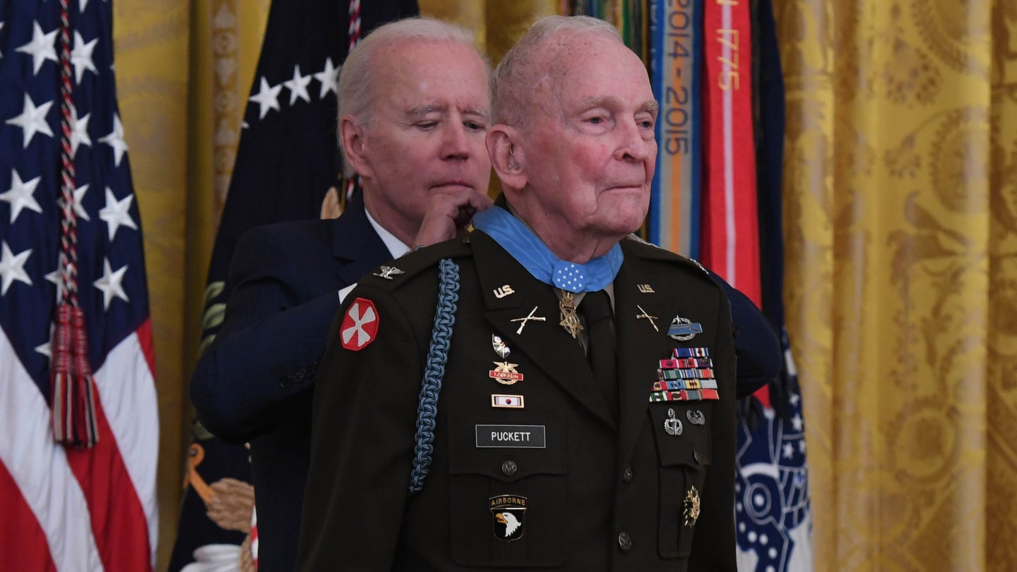 President Joe Biden presents the Medal of Honor to retired Col. Ralph Puckett Jr. at the White House on May 21, 2021, for his actions as a first lieutenant and the Eighth Army Ranger Company commander during the Korean conflict Nov. 25-26, 1950.