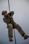 U.S. Marine Corps Sgt. Gunnar Naughton, a reconnaissance Marine with 1st Reconnaissance Battalion, 1st Marine Division, ties a knot to hold himself in place while rappelling, during a helicopter rope suspension technician (HRST) masters course at Marine Corps Base Camp Pendleton, California, Dec. 6, 2019. The course provided the students the ability to conduct HRST techniques safely on their own, including special purpose insertion/extraction (SPIE) rigging, fast roping, and rappelling from helicopters, enabling their units to be able to insert and extract anywhere, even when a landing zone is unavailable. (U.S. Marine Corps photo by Lance Cpl. Brendan Mullin)