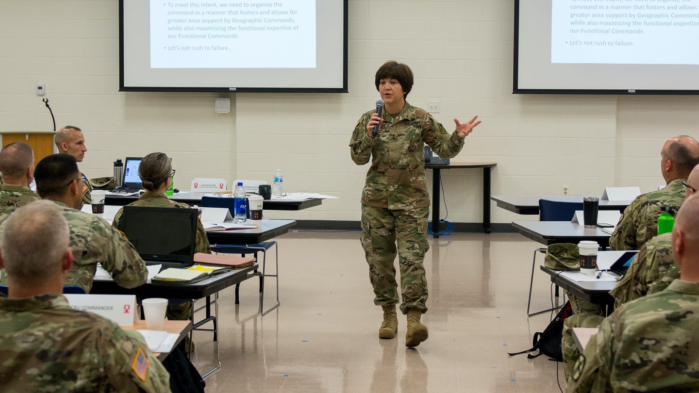 Maj. Gen. Miyako Schanely, commanding general, 416th Theater Engineer Command (TEC), addresses Soldiers and civilians of the 416th during the Readiness Huddle, September 14, 2018, Darien, Ill. (U.S. Army/Sgt. 1st Class Jason Proseus)