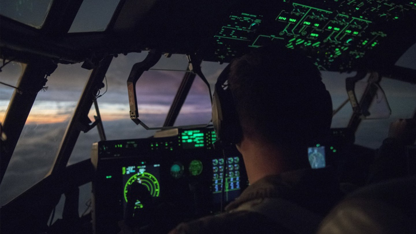 Maj. David Gentile, WC-130J pilot for the 53rd Weather Reconnaissance Squadron, flies towards the sunset after a pass through Hurricane Laura from Charleston International Airport, S.C. Aug. 25, 2020 (Air Force photo by Senior Airman Kristen Pittman)