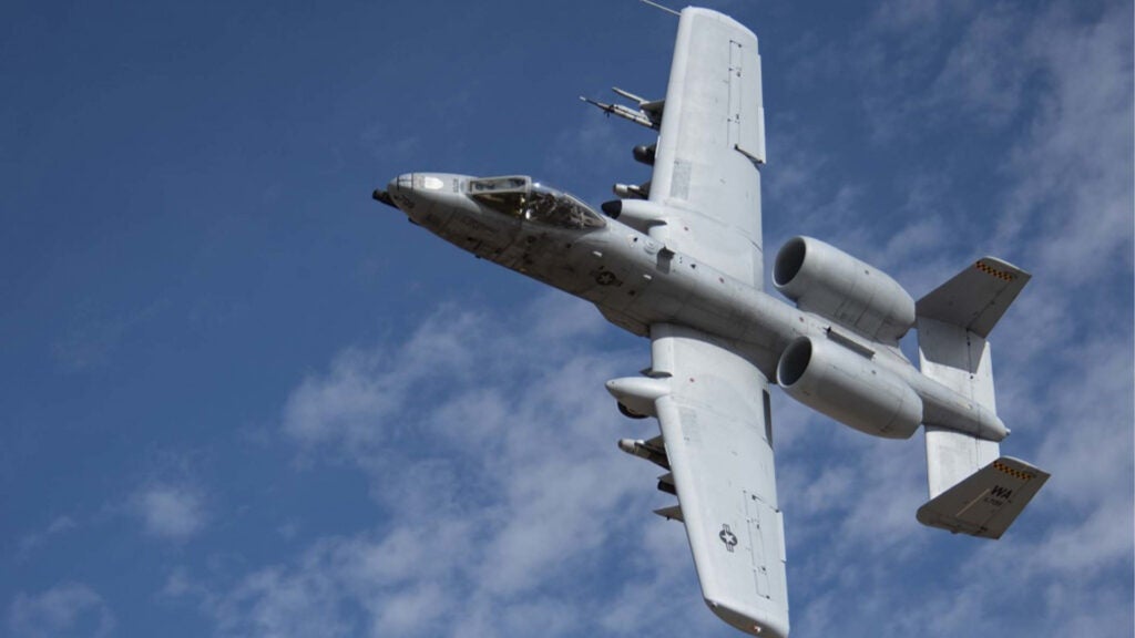 An A-10 Thunderbolt II flies over the Nevada Test and Training Range, Nev., May 15, 2019. The A-10s competed in Gunsmoke, a competition testing pilots and maintainers capabilities and skills in different areas of expertise alongside various aircraft assigned to Nellis. (U.S. Air Force photo by Airman 1st Class Bryan Guthrie)
