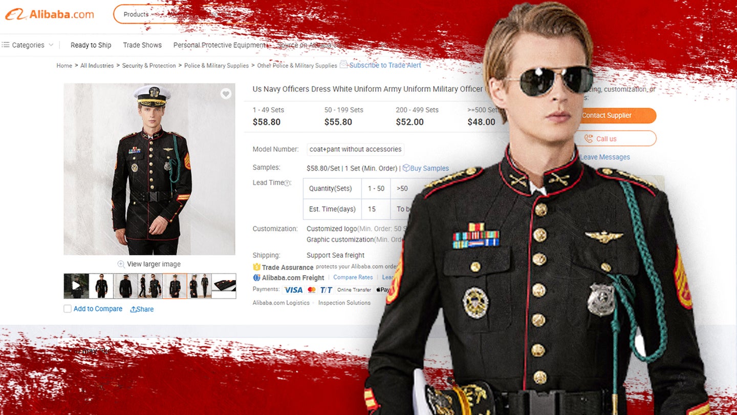  Task & Purpose photo composite showing a military uniform for sale on Alibaba.com.