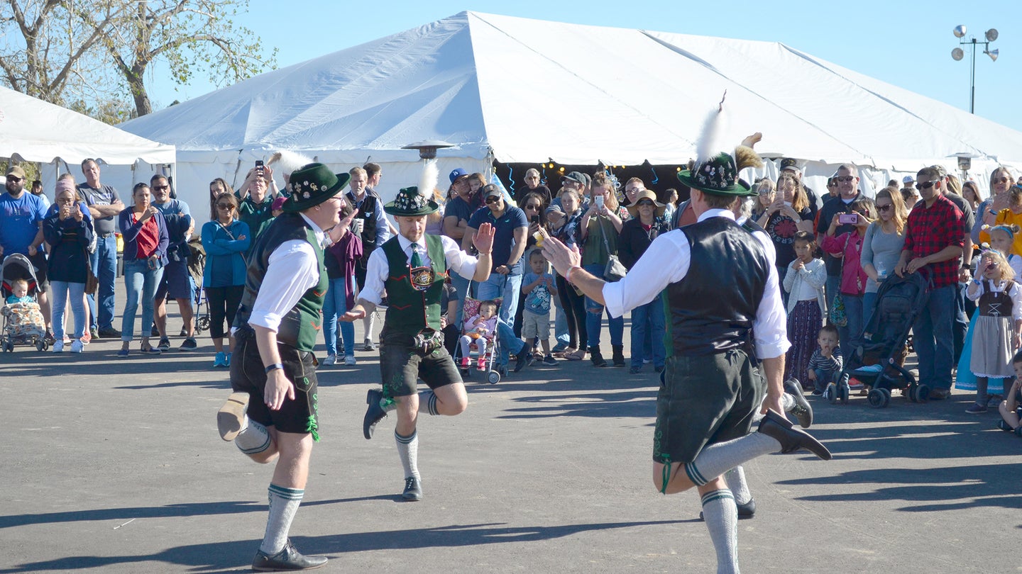 FORT CARSON, Colo. — Schuhplattlers with the Denver Kickers demonstrate a German folk dance Oct. 13, 2018, at Iron Horse Park. (Photo by Devin Fisher)