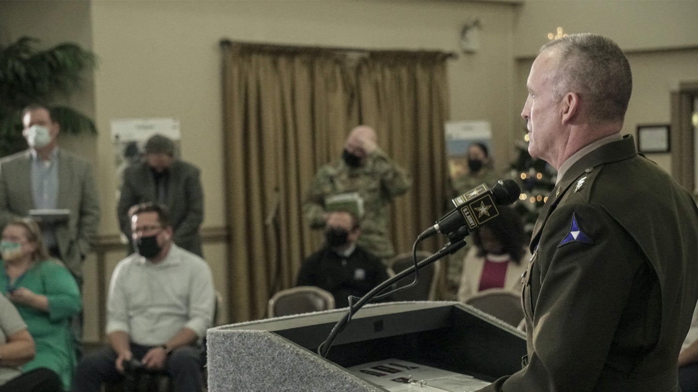 Lt. Gen. Pat White, III Corps and Fort Hood commanding general, addresses the media about the findings in the independent review and what is going to happen at Fort Hood moving forward. (U.S. Army/Staff Sgt. Daniel Herman)
