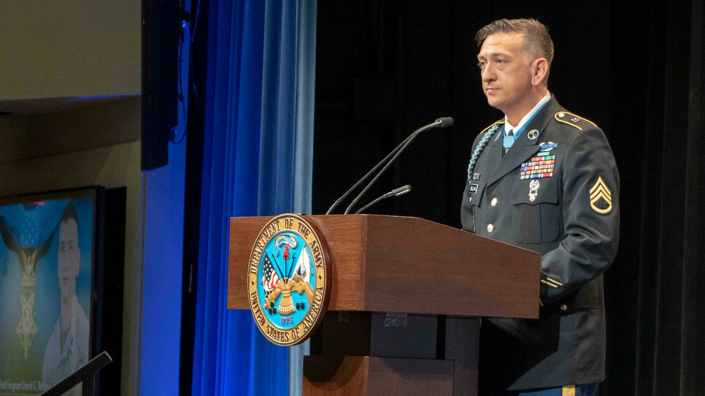 Medal of Honor recipient, former Army Staff Sgt. David G. Bellavia is inducted into the Pentagons Hall of Heroes, at the Pentagon, Washington, D.C., June 26, 2019. Bellavia was awarded the Nation’s highest military award for his conspicuous gallantry and intrepidity at the risk of his own life above and beyond the call of duty during the Battle of Fallujah, Nov. 10, 2004. (DoD photo by Marine Corps Sgt. Dylan C. Overbay)