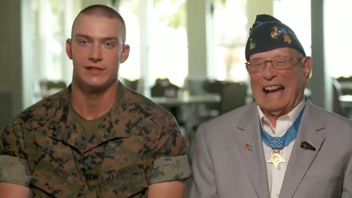 Marine Corps legend Hershel "Woody" Williams shares a laugh with his great-grandson, Cedar Ross, who graduated Marine Corps boot camp at Parris Island last week (Screenshot / CBS News video)