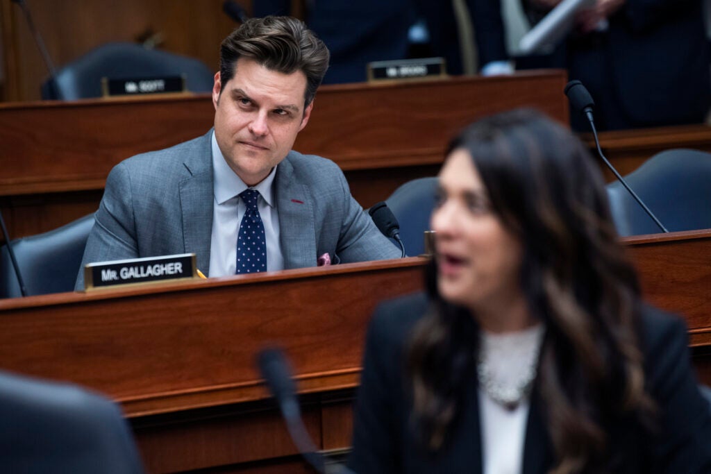 UNITED STATES - JUNE 23: Reps. Matt Gaetz, R-Fla., and Stephanie Bice, R-Okla., are seen during the House Armed Services Committee hearing titled "The Fiscal Year 2022 National Defense Authorization Budget Request from the Department of Defense," in Rayburn Building on Wednesday, June 23, 2021. Defense Secretary Lloyd J. Austin III, and General Mark A. Milley, chairman of the Joint Chiefs of Staff, testified. (Photo By Tom Williams/CQ Roll Call via AP Images)