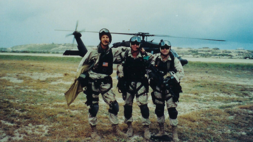 Retired Air Force combat controller Dan Schilling (left) with Air Force Cross recipient Tim Wilkinson and Pararescueman Scott Fales in Somalia during the events of Black Hawk Down (Dan Schilling courtesy photo)