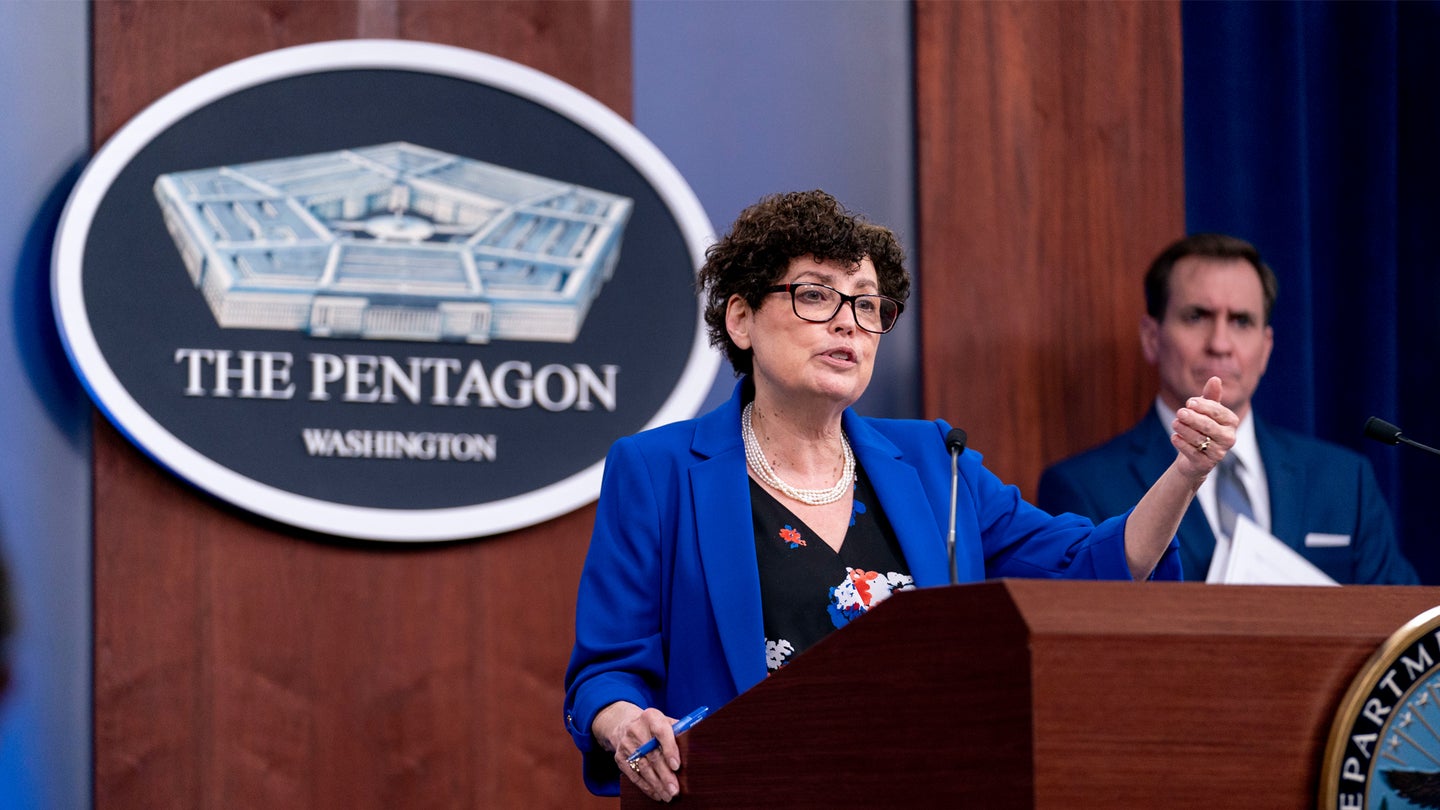 Lynn Rosenthal, chair of the Department of Defense 90 Day Independent Review Commission on Sexual Assault in the Military, accompanied by Pentagon spokesman John Kirby, right, speaks during a media briefing at the Pentagon, Wednesday, March 24, 2021. (AP Photo/Andrew Harnik)