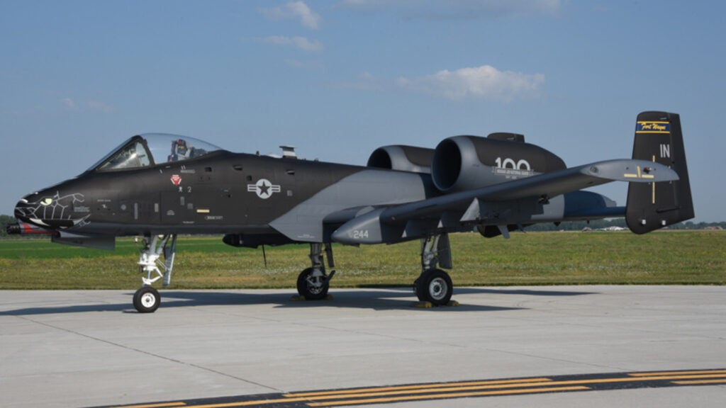 A black and grey U.S. Air Force A-10 Thunderbolt II from the Indiana Air National Guard’s 122nd Fighter Wing “Blacksnakes,” painted at the Air National Guard paint facility in Sioux City, Iowa on July 2, 2021. (U.S. Air National Guard photo: Senior Master Sgt. Vincent De Groot)