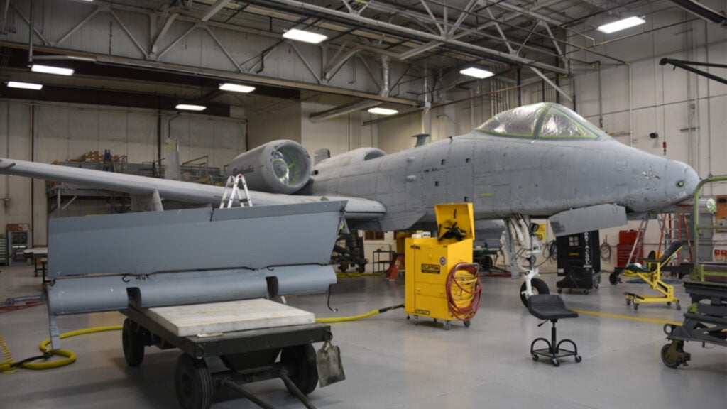 A freshly sanded U.S. Air Force A-10 Thunderbolt II from the Indiana Air National Guard’s 122nd Fighter Wing is ready for a primer coat of paint at the Air National Guard paint facility in Sioux City, Iowa on June 9, 2021. (U.S. Air National Guard photo: Senior Master Sgt. Vincent De Groot)