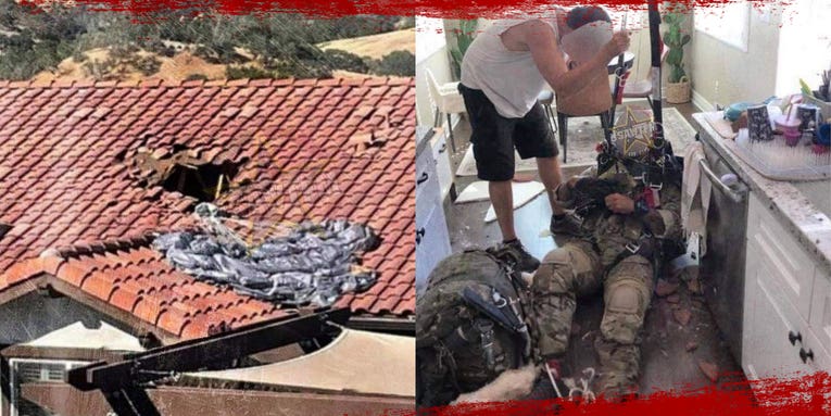 This is what it looks like when a paratrooper crashes through your roof