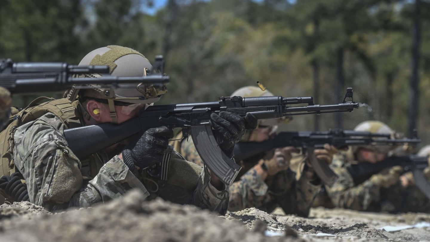 U.S. Marines and Airmen fire Kalashnikov AK-47 assault rifles during a foreign-weapons familiarization class at Marine Special Operations School’s Individual Training Course, April 10, 2017, at Camp Lejeune, N.C. (U.S. Air Force photo by Senior Airman Ryan Conroy)