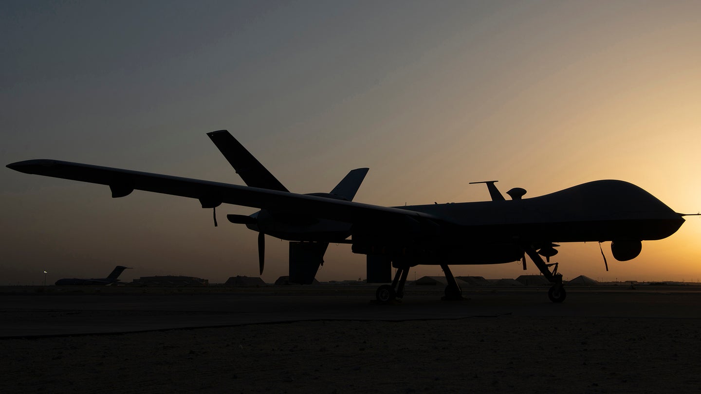 An MQ-9 Reaper from the 46th Expeditionary Attack Squadron is parked on the flightline at Ali Al Salem Air Base, Kuwait, June 9, 2020. (U.S. Air Force photo by Senior Airman Isaiah J. Soliz)
