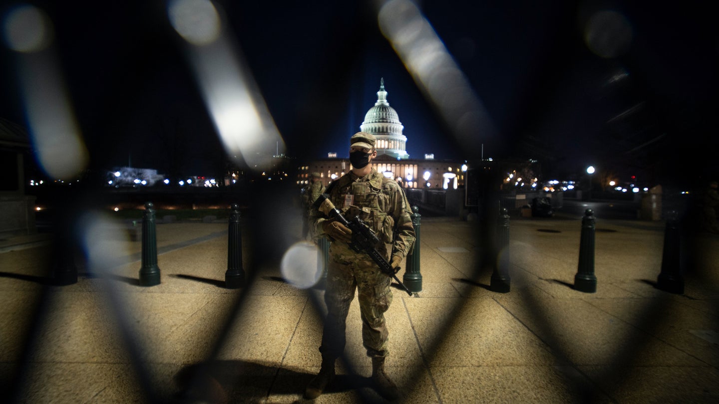 An Oklahoma Army National Guard Soldier stands watch at the U.S. Capitol building, Jan. 19, 2021. (U.S. National Guard/Sgt. Anthony Jones)