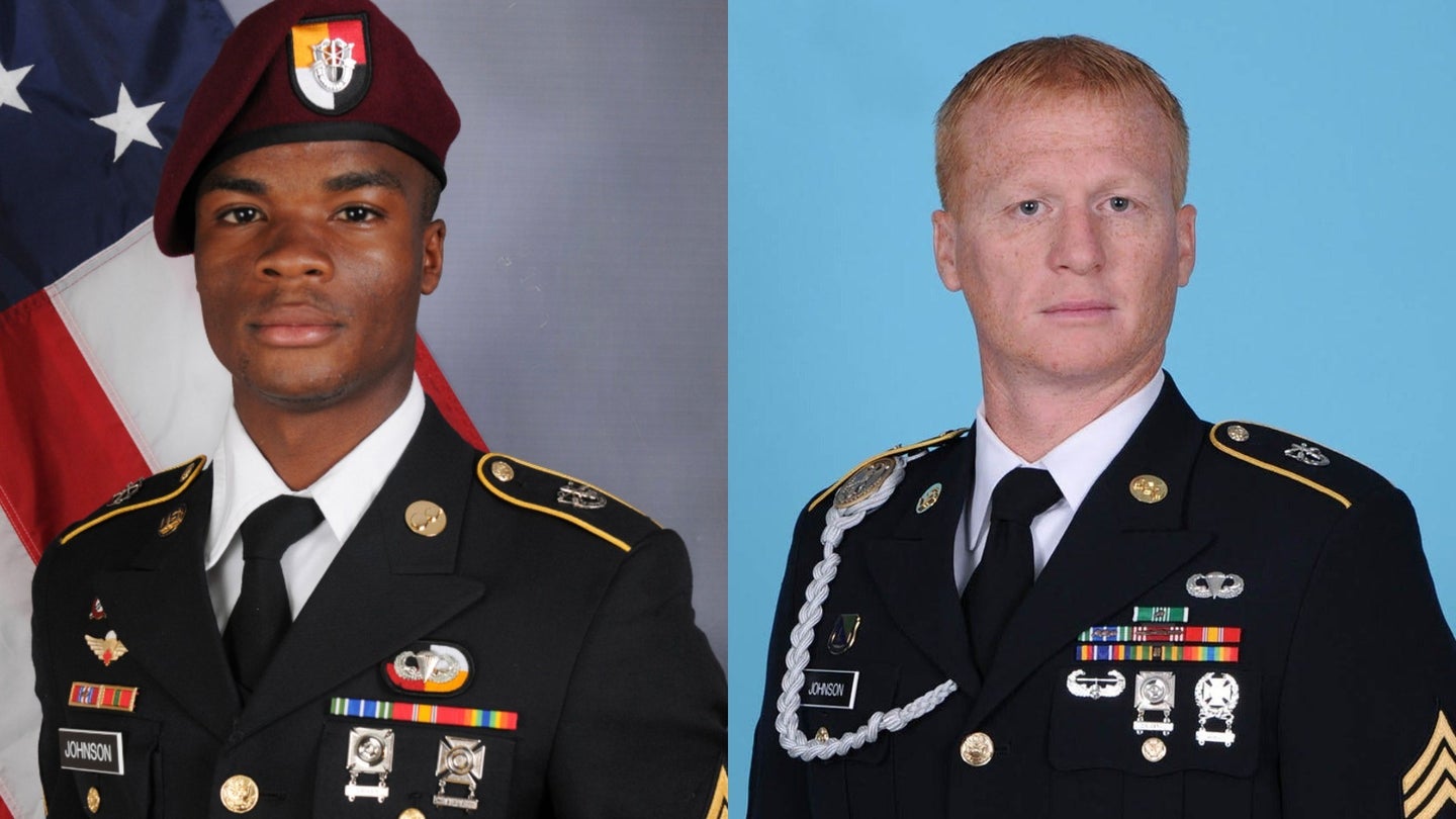 Army Sgt. La David Johnson (left) and Sgt. 1st Class Jeremiah  W. Johnson (right) became honorary Green Berets. Both were killed on Oct. 4, 2017 in Niger.