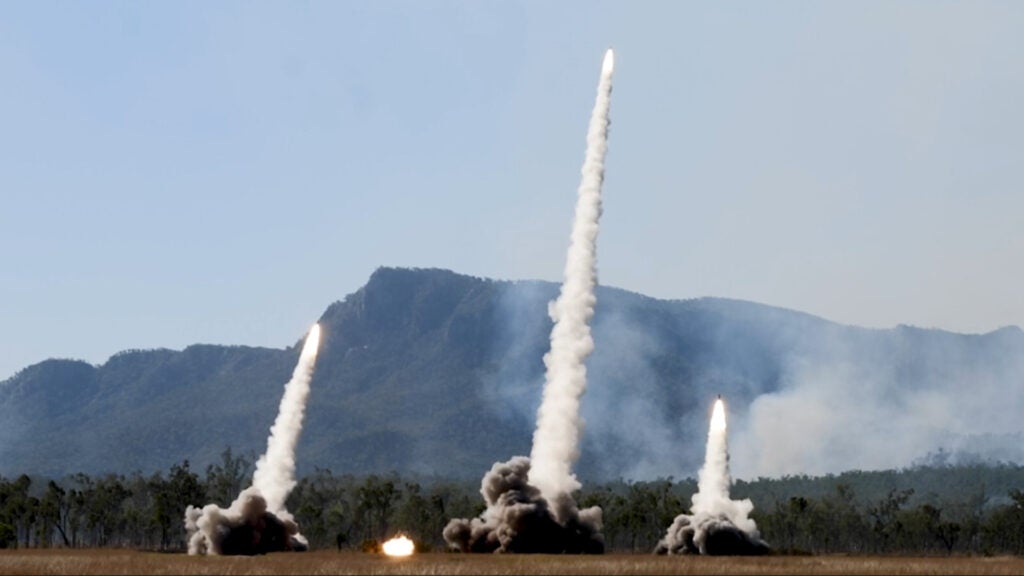 A volley of rockets fired from a column of HIMARS is a thing of horrifying majesty. (U.S. Marine Corps)