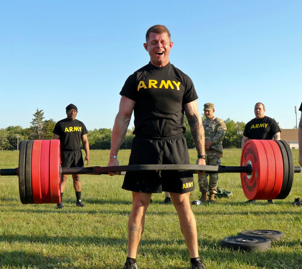JOINT BASE McGUIRE-DIX-LAKEHURST, N.J. -- Sgt. 1st Class Andrew Apperson, an infantry observer coach/trainer with the 1-314th Infantry Regiment, 174th Infantry Brigade, deadlifts during the 174th Brigade's Sgt. Henry Johnson Deadlift Competition at Joint Base McGuire-Dix-Lakehurst, N.J., on May 19, 2021. (U.S. Army photo by Sgt. Leon Cook, 174th Infantry Brigade)