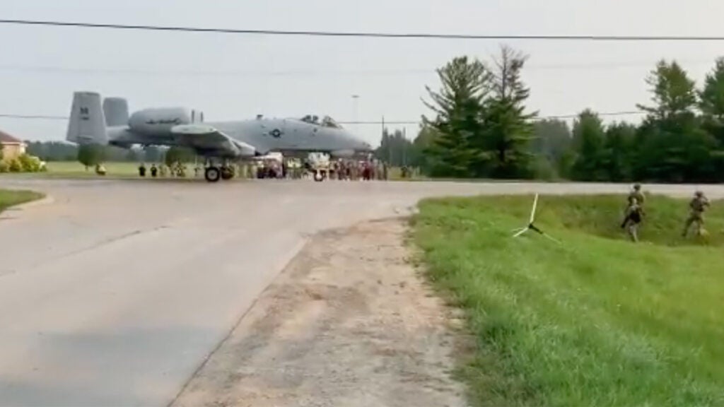 A Michigan National Guard A-10 prepares to take off from local highway M-32 during a training exercise on Thursday August 5. (Screenshot via Twitter / Michigan State Police)