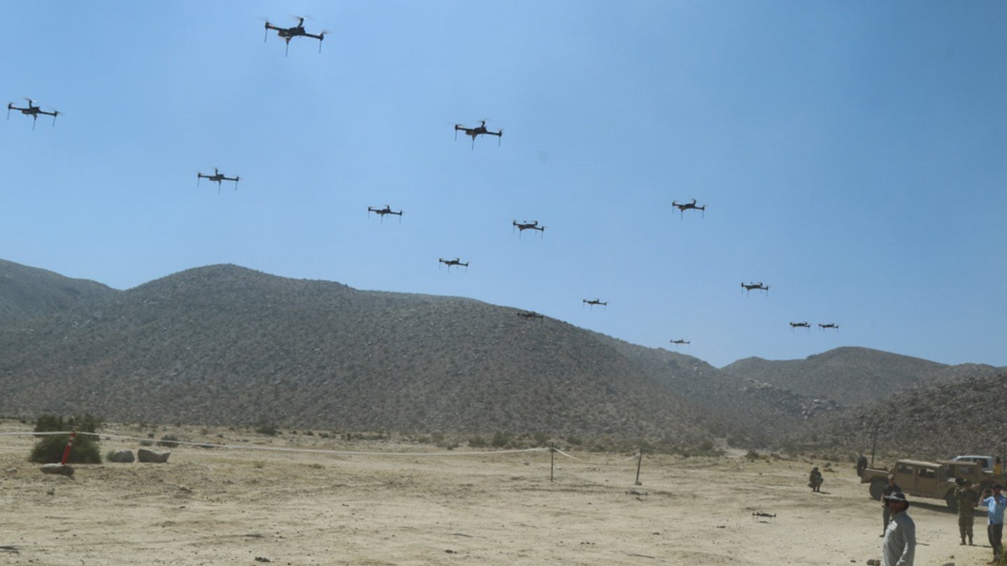 The 11th Armored Cavalry Regiment and the Threat Systems Management Office operate a swarm of 40 drones to test the rotational units capabilities during the battle of Razish, National Training Center on May 8th, 2019. (U.S. Army Photo by Pv2 James Newsome)