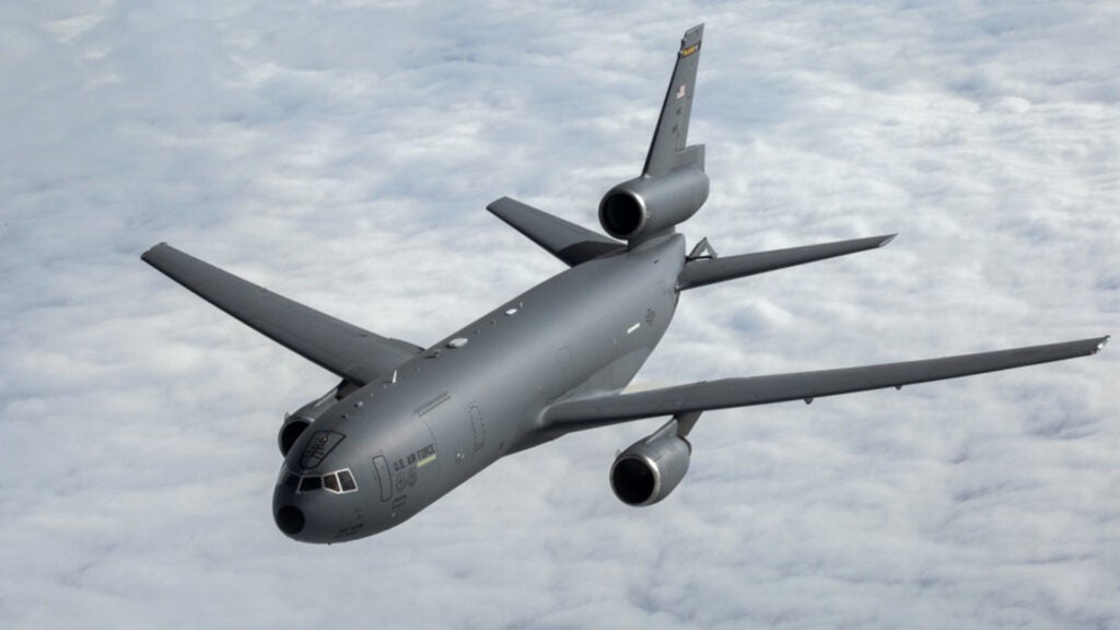 A U.S Air Force KC-10 Extender with the 76th Air Refueling Squadron, 514th Air Mobility Wing, moves away after being refueled by a KC-10 crewed by Reserve Citizen Airmen with the 78th Air Refueling Squadron, 514th Air Mobility Wing, over the Atlantic Ocean, Feb. 14, 2018. (U.S. Air Force photo by Master Sgt. Mark C. Olsen)