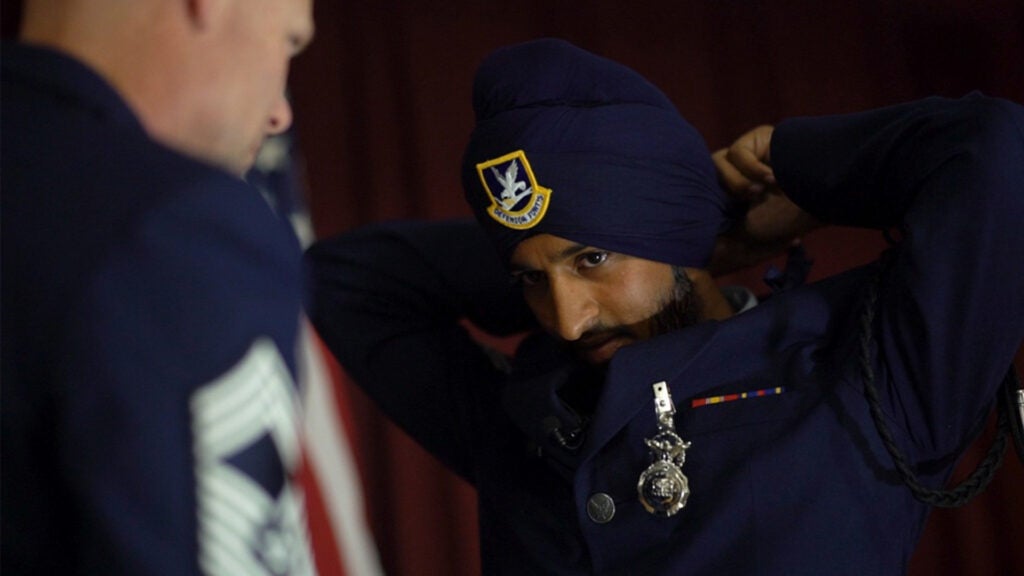 A1C Rathour is the first Sikh Airman to receive religious accommodation, and may grow his beard and wear his turban while in uniform. Rathour graduated Security Forces technical training on September 26th, 2019. (Air Force photo / Alexander Goad)