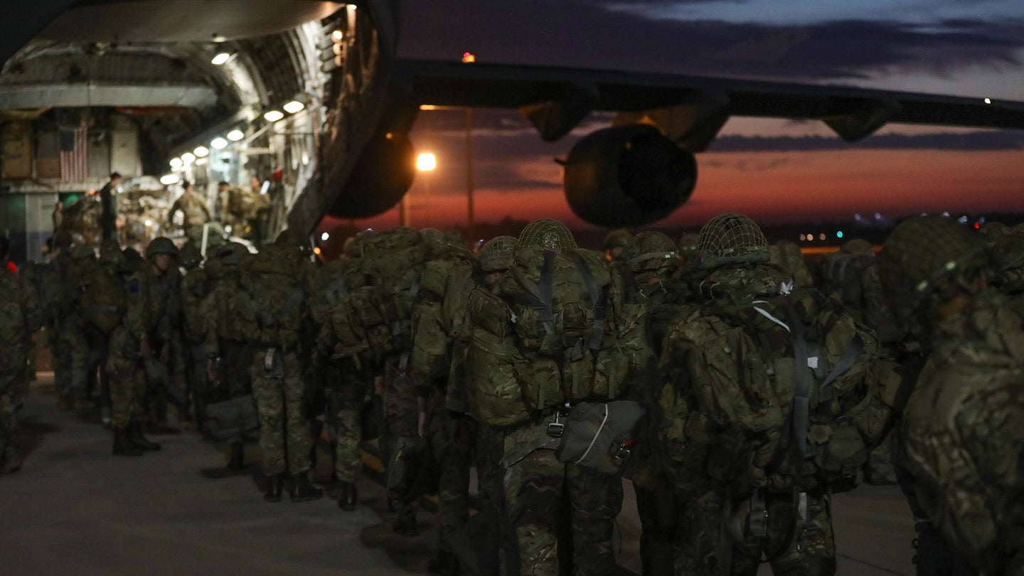 FILE PHOTO: Paratroopers of 3rd Brigade Combat Team, 82nd Airborne Division and the British 16th Air Assault Brigade board a C-17 Globe Master on Fort Bragg, North Carolina to conduct a Joint Forcible Entry exercise in Estonia. (U.S. Army Photo by Spc. Garrett Ty Whitfield)