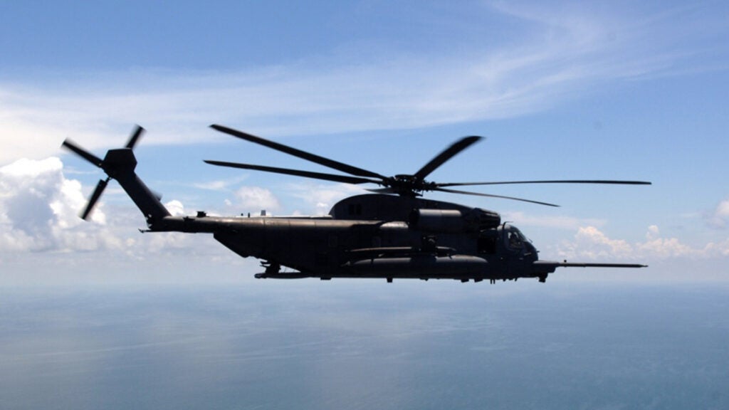 A U.S. Air Force MH-53 Pave Low helicopter flies over the Gulf of Mexico from Hurlburt Field, Fla., June 12, 2008, during the last five-ship formation of the 20th Special Operations Squadron. (U.S. Air Force photo / Senior Airman Emily Moore)