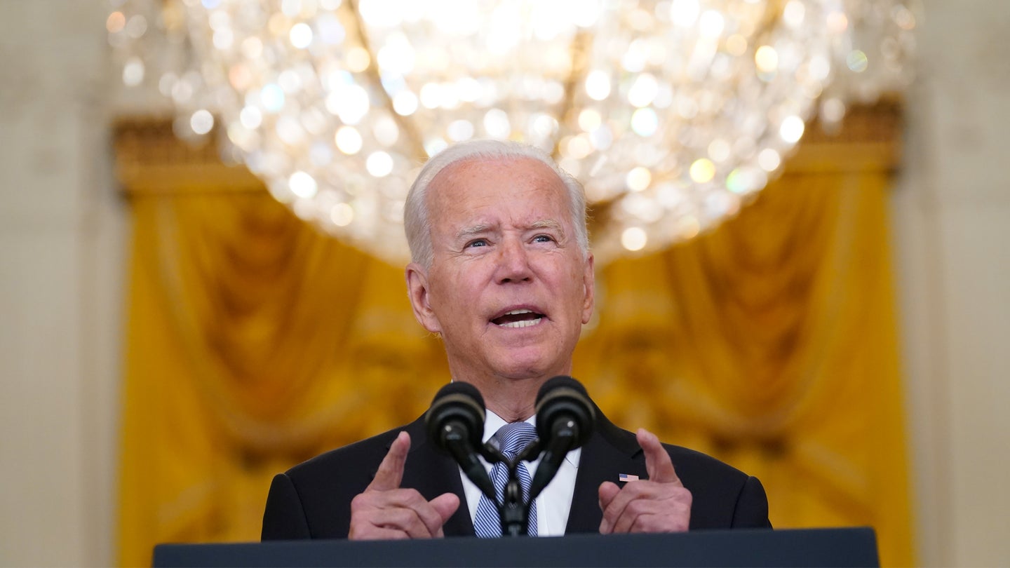 President Joe Biden speaks about Afghanistan from the East Room of the White House, Monday, Aug. 16, 2021, in Washington. (AP Photo/Evan Vucci)