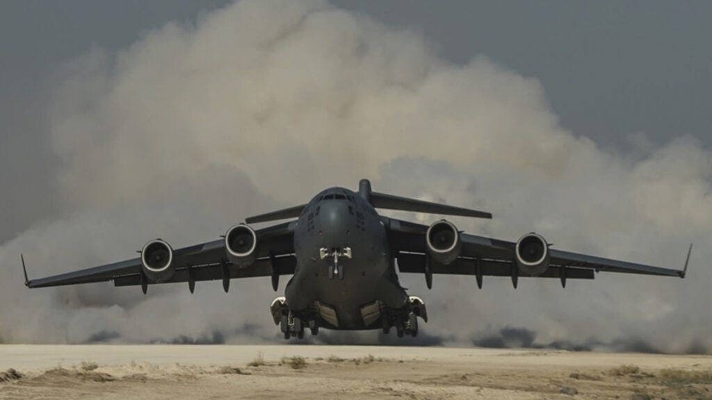 A U.S. Air Force C-17 Globemaster, assigned to the 816th Expeditionary Airlift Squadron, departs from an austere runway at a Coalition airfield in Northeast Syria, June 26, 2018 (U.S. Air Force Photo by Staff Sgt. Corey Hook)