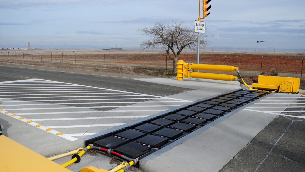 The active barrier near the Schneider gate on Beale Air Force Base, Calif., is utilized to provide security for base personnel. The barrier is designed to prevent access to unauthorized vehicles. February 05, 2014 (U.S. Air Force photo by Airman 1st Class Bobby Cummings/Released)