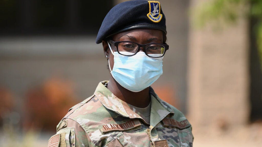 Airman 1st Class Nadine Blackwood, 9th Security Forces Squadron installation entry controller, poses for a photo Aug.27, 2021, at Beale Air Force Base, California. Blackwood pushed the outbound barrier button when she realized only the inbound barrier had risen and the perpetrator was heading straight to it. (U.S. Air Force photo by Airman Juliana Londono)