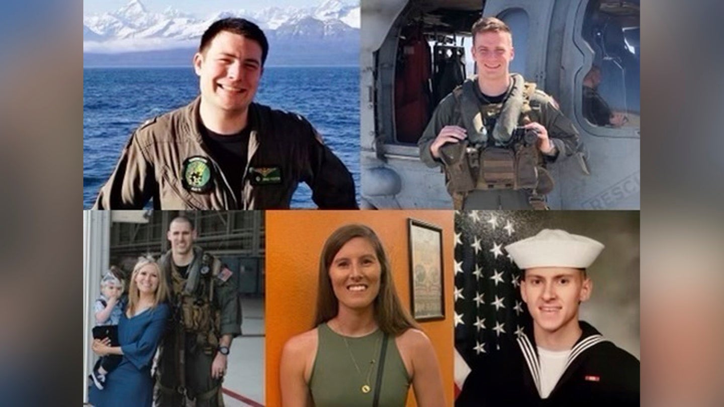 Photo collage of the five Sailors killed when an MH-60S Seahawk helicopter crashed approximately 60 nautical miles off the coast of San Diego, Aug. 31. Sailors shown are, top left moving clockwise: Lt. Bradley A. Foster, 29, a pilot from Oakhurst, California; Lt. Paul R. Fridley, 28, a pilot from Annandale, Virginia; Hospital Corpsman 3rd Class Bailey J. Tucker, 21, from St. Louis, Missouri; Hospital Corpsman 2nd Class Sarah F. Burns, 31, from Severna Park, Maryland; Naval Air Crewman (Helicopter) 2nd Class James P. Buriak, 31, from Salem, Virginia.  (Photo by Petty Officer 1st Class Jessica Hale.)