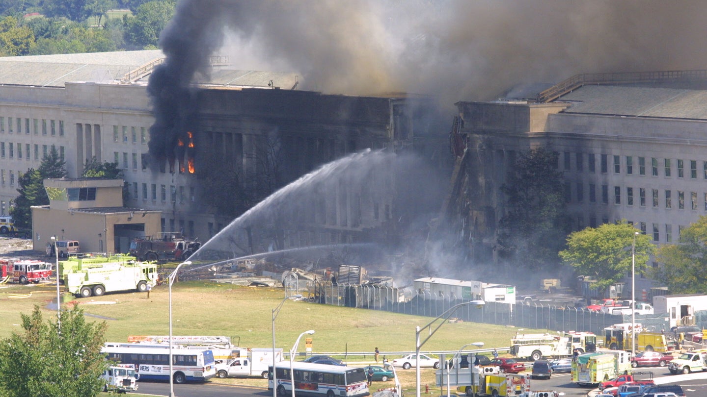 Smoke comes out from the west wing of the Pentagon building Sept. 11, 2001 in Arlington, Va. (Photo by Alex Wong/Getty Images)